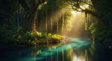 A majestic rainforest scene with sunlight illuminating a river, trees, and vegetation.