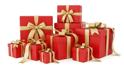 A festive pile of red gift boxes tied with shiny gold ribbons and bows