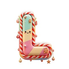 A festive and sweet 3d illustration of the letter l decorated with candy cane and gingerbread