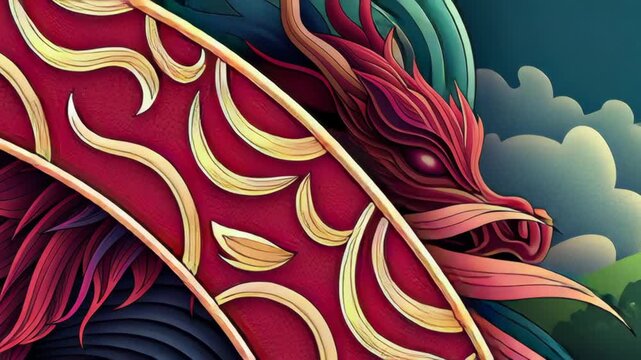 Eastern dragon drawn in traditional Asian style concept featuring vibrant colors and intricate floral designs.