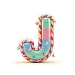 A christmas-themed letter j stylized as a candy cane with ornaments