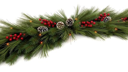 A beautiful christmas garland adorned with pinecones, red berries, and warm lights