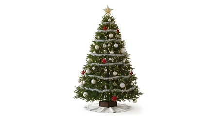 A fully decorated traditional christmas tree with festive lights and ornaments on a white background
