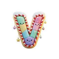 A festive 3d render of the letter v decorated with sweet colorful blocks and christmas ornaments