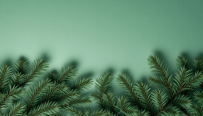 Christmas background. Green fir branches on a green backdrop. Christmas, winter holidays, New Year	
