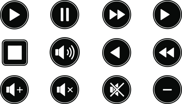 Black and white media player control button set isolated on background