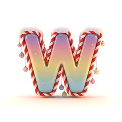 A festive candy cane letter w with snow and colorful christmas ornaments