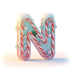 A festive 3d rendering of the letter n decorated with candy canes and christmas ornaments