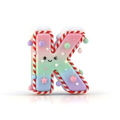 Cute 3d rendering of letter k decorated with colorful christmas ornaments and candy cane stripes