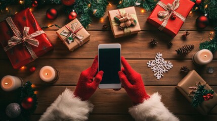 Santa Claus hands holding smartphone on wooden table with Christmas gifts and decorations, holiday season
