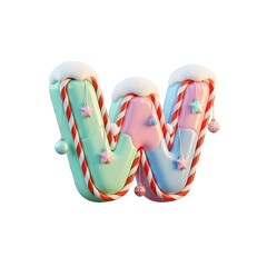 A festive 3d render of the letter w decorated with snow, candy canes, and ornaments