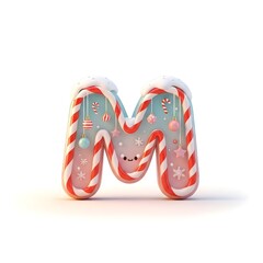 Whimsical christmas candy cane letter m with charming decorations and a kawaii face