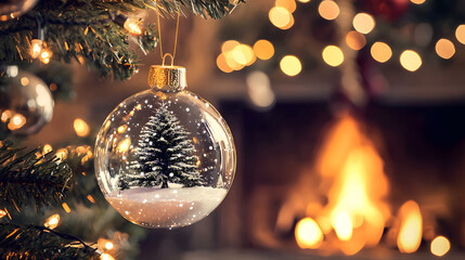 A glass Christmas bauble with a miniature fir tree inside hangs from a decorated tree against the fireplace, creating an atmospheric Christmas accent for holiday photos