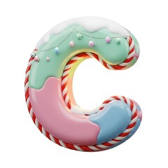 A colorful and whimsical letter c in candy cane style with snow and decorative ornaments