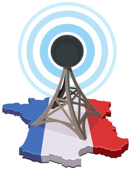 France map (flag colors) with a communication tower emitting signal waves. Concept for global network, broadcasting, or data connectivity in Europe. (cut out)