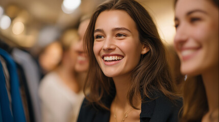 A group of friends laughing together in a shared fitting suite, swapping accessories and taking fun mirror photos during a relaxed weekend shopping trip. cinematic color correction, natural uneven