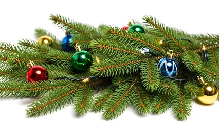 A festive close-up of christmas tree branches adorned with colorful baubles and lights, isolated on a white background