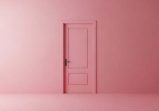 Minimalist pink door in a matching pink room with soft lighting