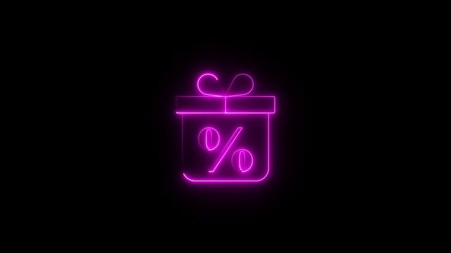 Neon gift box inside percent (%) sign animation on black background, glowing discount gift icon, sale and offer symbol, festive reward bonus graphic, neon holiday promotion animation