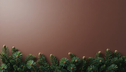 Christmas background. Green fir branches with gold baubles on a red backdrop. Christmas, winter holidays, New Year