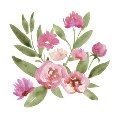 Watercolor Pink Peony Bouquet Illustration, Hand-Painted Floral Clipart