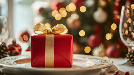 A gift box is neatly placed on a holiday table plate against a brightly decorated tree, creating an atmospheric setting for holiday photo shoots and banners