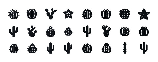 Obraz premium Silhouette icons of various cactus and succulent shapes in black