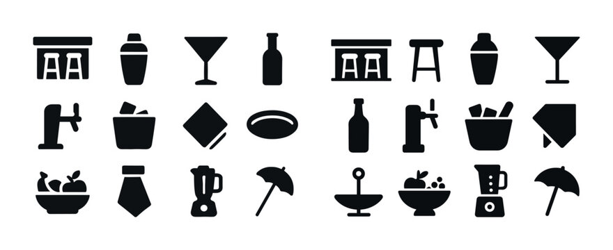 Silhouette icons of barware and tableware essentials