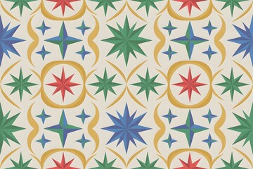 A repeating seamless pattern featuring colorful stars and intricate scrolls