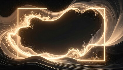 Golden Neon Frame with Abstract Wavy Light Trails on Dark Background.