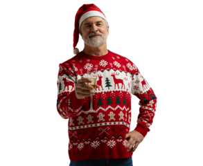 Merry mature man wear knitted christmas sweater Santa hat posing, hold glass with champagne look camera isolated on transparent background. Happy New Year 2026 Christmas celebration holiday concept
