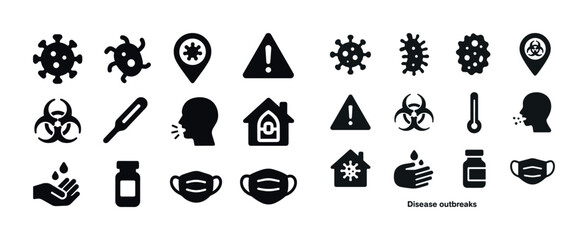 Disease outbreaks icons: virus, symptoms, biohazard, masks, medi