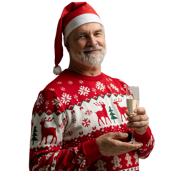 Merry mature man wear knitted christmas sweater Santa hat posing, hold glass with champagne look camera isolated on transparent background. Happy New Year 2026 Christmas celebration holiday concept