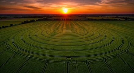Dramatic sunset over a crop field with circular markings and long shadows cast onto it. Aerial perspective of agriculture with landscape sunset. Farmer overlooking land.