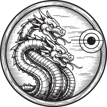 Engraved illustration of a two-headed mythical dragon encircled
