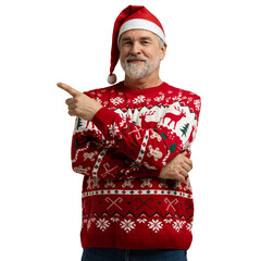 Merry mature man wear knitted christmas sweater Santa hat presenting something on transparent...
