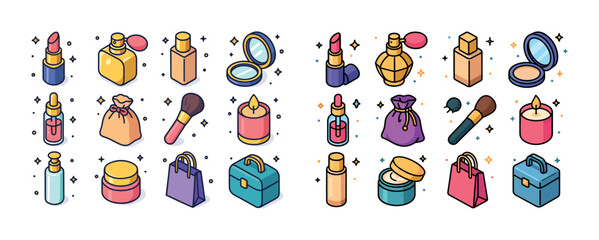 Colorful cosmetic icons collection: lipstick, perfume, compact,