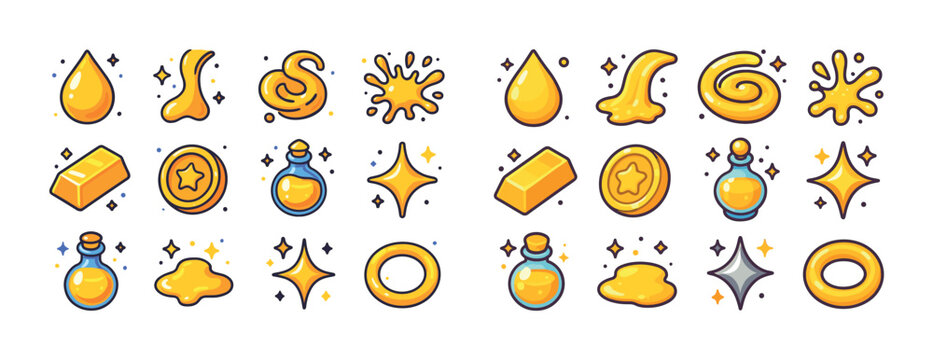 Cartoon gold elements: stars, potions, coins, bars, drops, splas