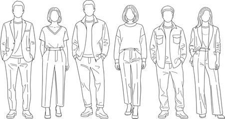 Six faceless figures in casual and business casual attire standing in a line drawing