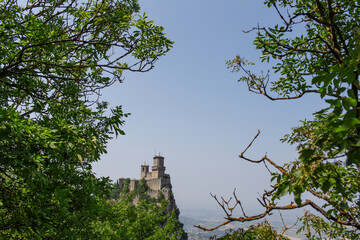 Beautiful view of San Marino tower,  fields and hills.