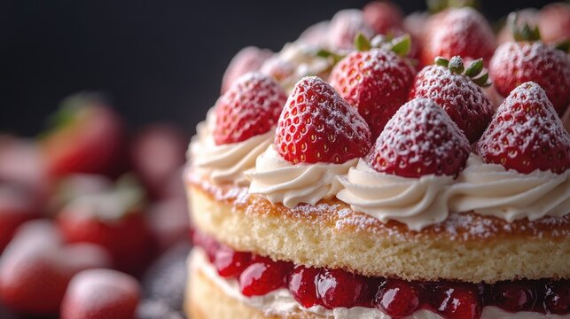 Close up of classic victoria sponge cake with cream and strawberry filling