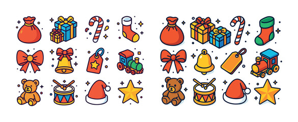 Colorful christmas icons: gifts, toys, and decorations collectio