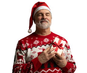 Merry mature man wear red warm knitted sweater Santa hat holding present box isolated on transparent background New Year 2026 holiday concept