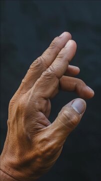 Close-up of a human hand making a gesture with fingers extended upward.