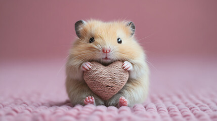 Hamster holding a cute knitted heart, conveying love and valentine's day feelings on a soft pink knitted blanket, offering a sweet message of affection and animal pet care