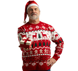 Merry mature man wear red warm knitted sweater Santa hat holding present box isolated on transparent background New Year 2026 holiday concept