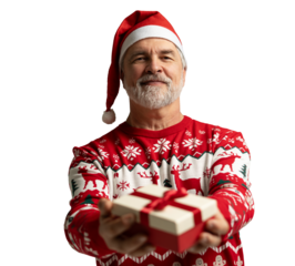 Merry mature man wear red warm knitted sweater Santa hat holding present box isolated on transparent background New Year 2026 holiday concept