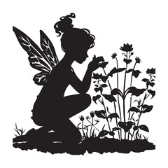 fairy girl with a bouquet of flowers silhouette