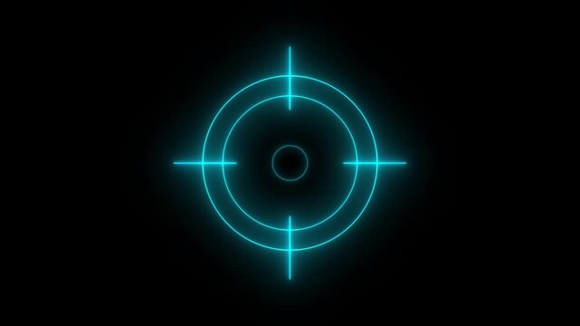 Cyan  Neon aim cross target search and aiming animation.  Glowing neon target icon looped animation. Crosshair gun aim sniper target bullseye precise shoot  hunting  target 