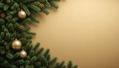 Christmas background. Green fir branches with gold baubles on a red backdrop. Christmas, winter holidays, New Year